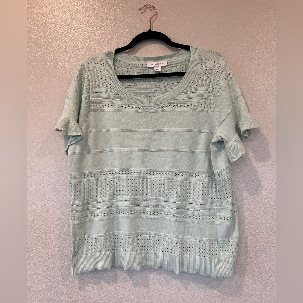 Liz Claiborne Mint‎ Green Eyelet Short Sleeve Ruffle Sweater Womens XXL Pullover